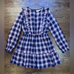 Mini Boden Girls Frill Tiered Plaid Dress pink Metallic Threading Flannel 8-9